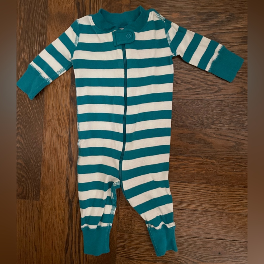 Hanna Andersson Teal and White Striped Footless Zip Pajama 0-3 months